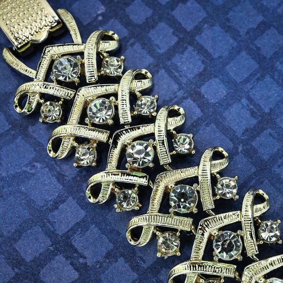 Vintage Coro Statement Linked Bracelet Washed Goldtone Rhinestones Bridal Glam - Picture 6 of 7